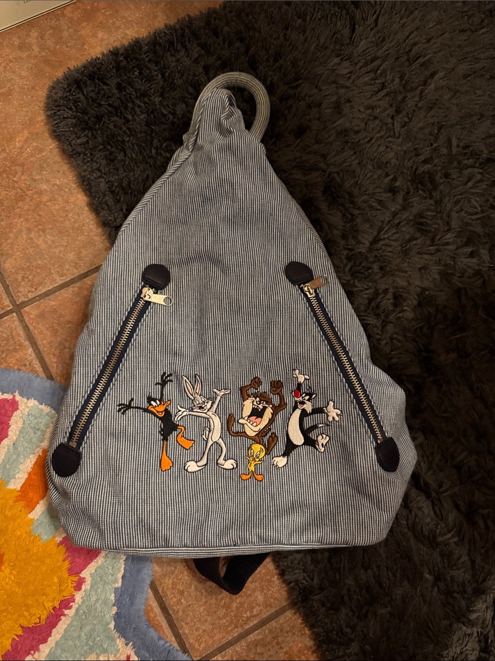 Striped Canvas Backpack with Looney Tunes Embroidery